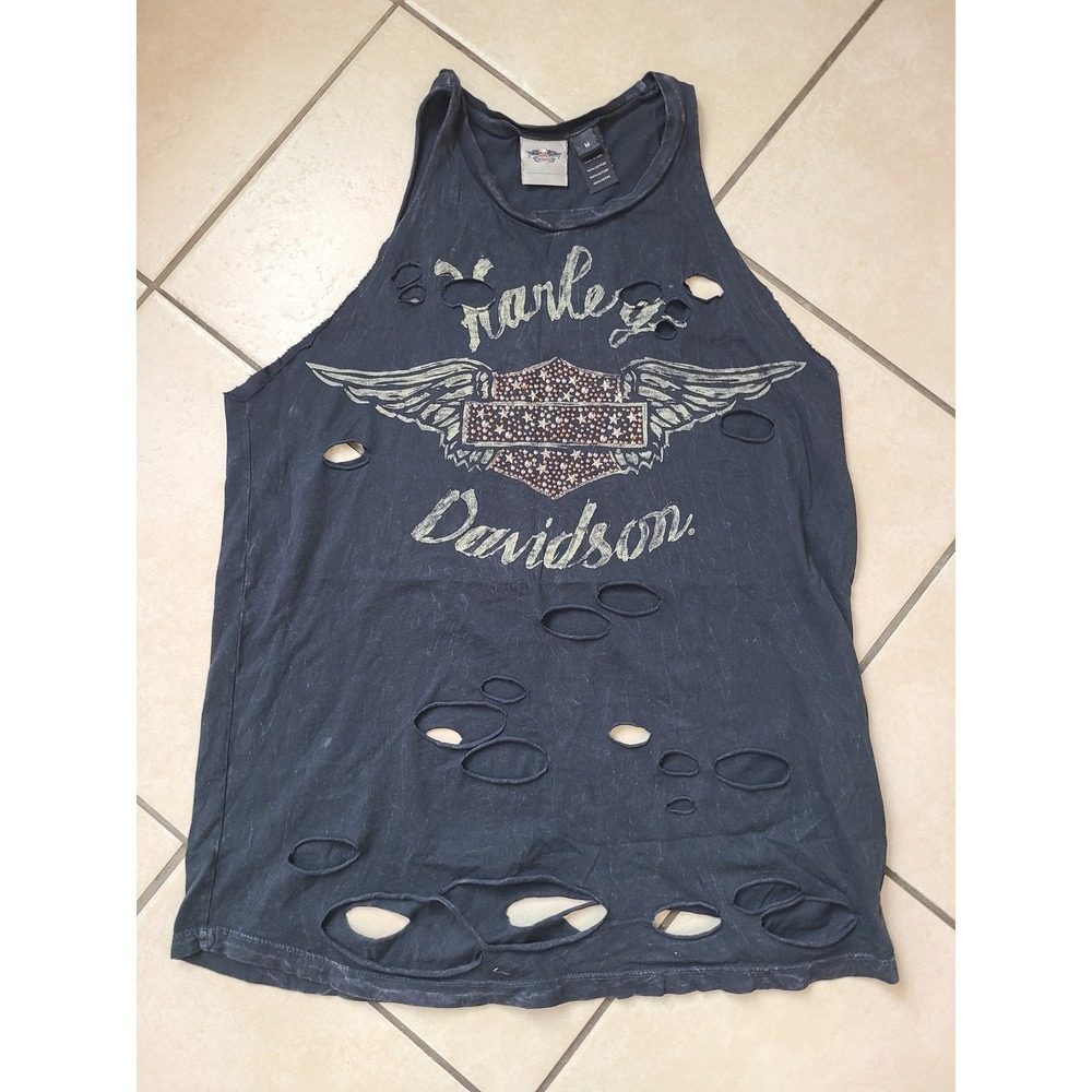 Harley Davidson Tank Top Womens Medium Black  Distressed Studded Graphic USA